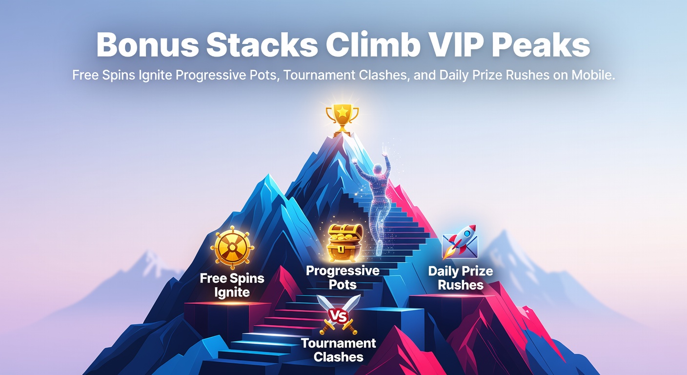 Vibrant mobile slot screen showing stacked bonuses exploding across reels with VIP tier icons climbing in the background