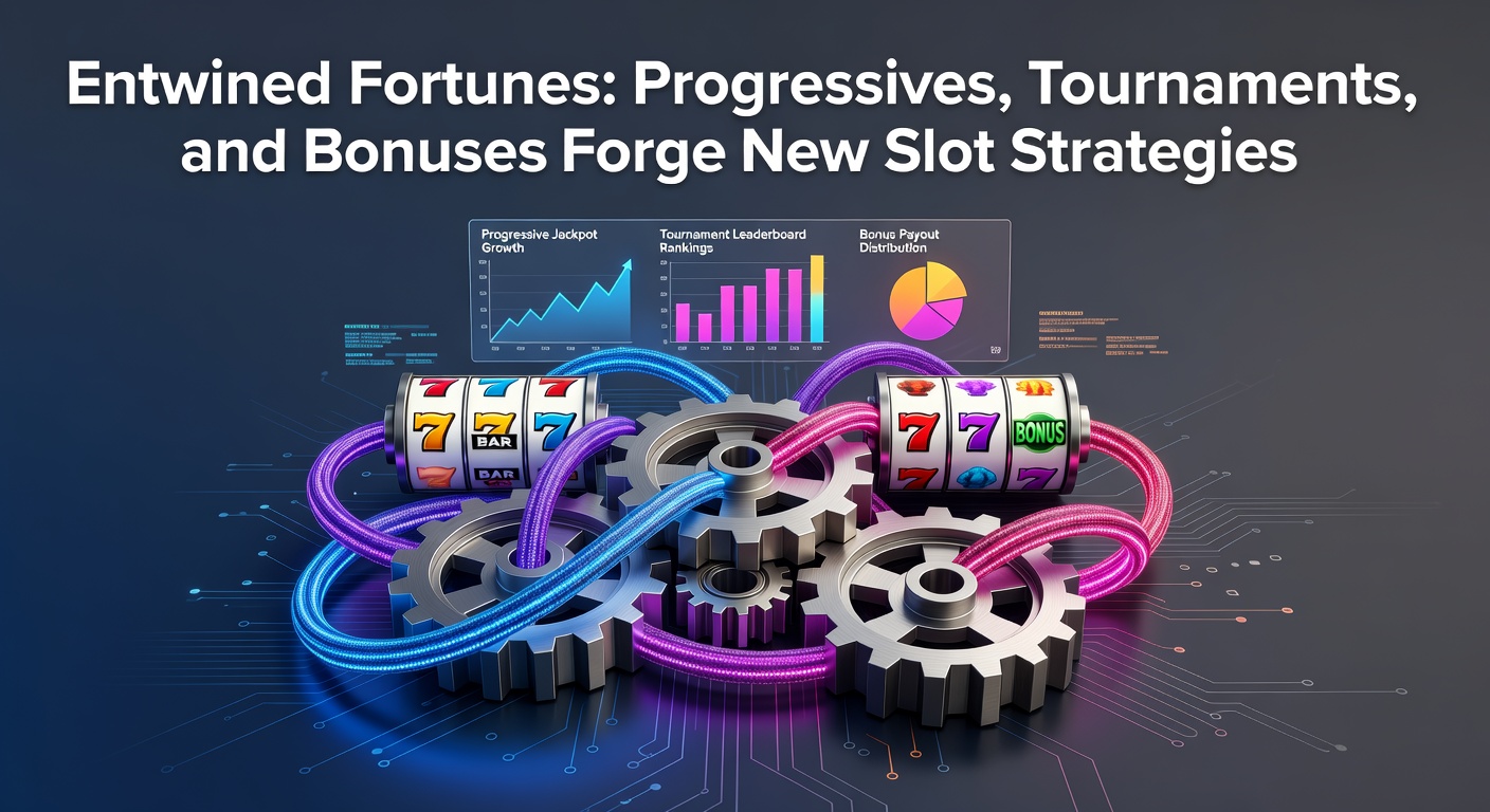 Vibrant slot reels glowing with progressive jackpot counters, tournament leaderboards, and stacked bonus symbols intertwining on a digital casino screen