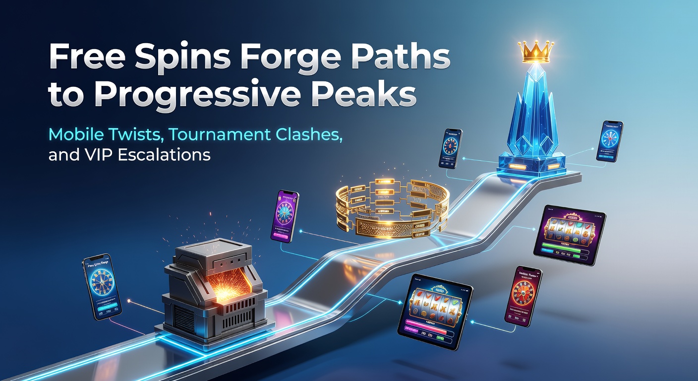 Vibrant slot reels spinning with free spin symbols cascading toward a towering progressive jackpot meter, surrounded by mobile phones and tournament leaderboards