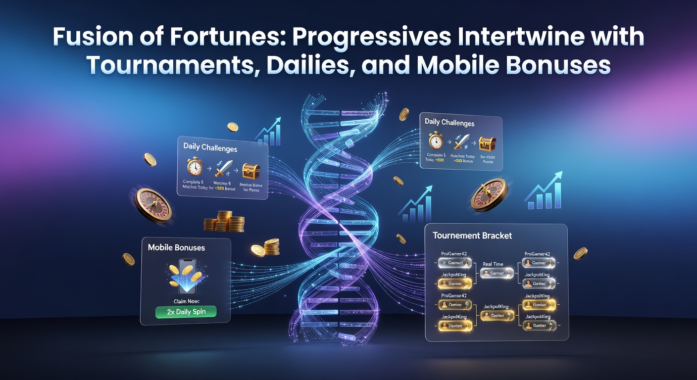 Vibrant slot machine screens displaying interconnected progressive jackpots, tournament leaderboards, daily prize counters, and mobile bonus notifications blending in a dynamic casino interface