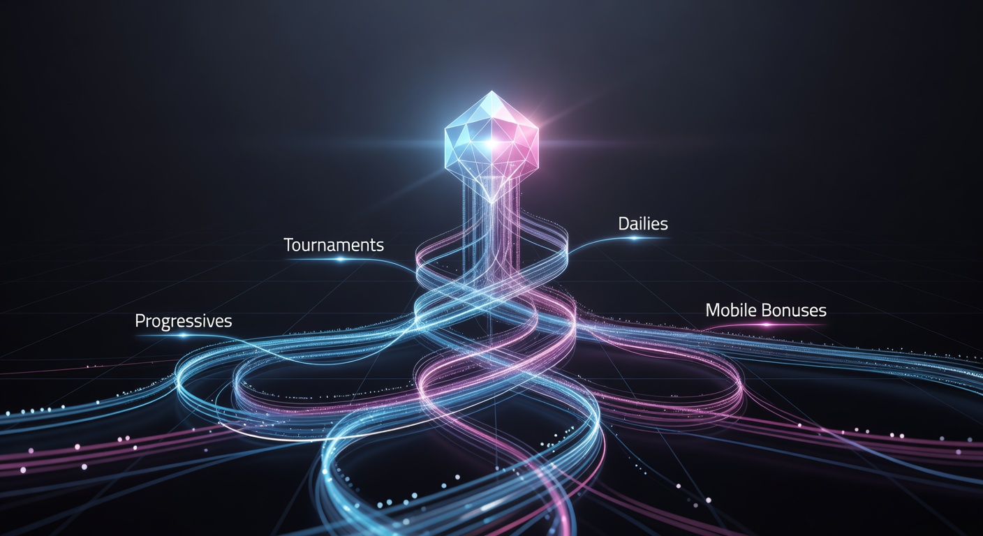 Dynamic graphic of a smartphone screen showing a slot tournament leaderboard intertwined with rising progressive jackpot bars, daily drop timers, and popping mobile bonus icons in a high-energy casino app