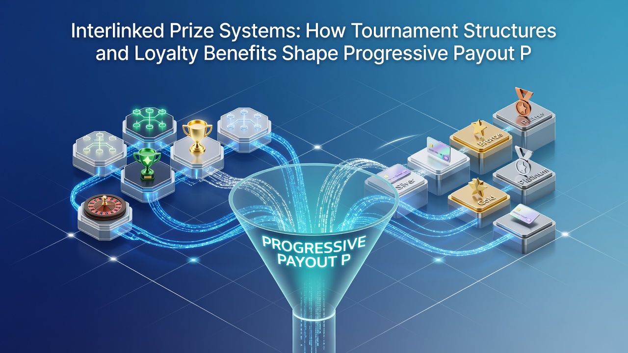 Diagram showing loyalty point flows merging with tournament results to advance progressive jackpot levels in virtual gaming environments