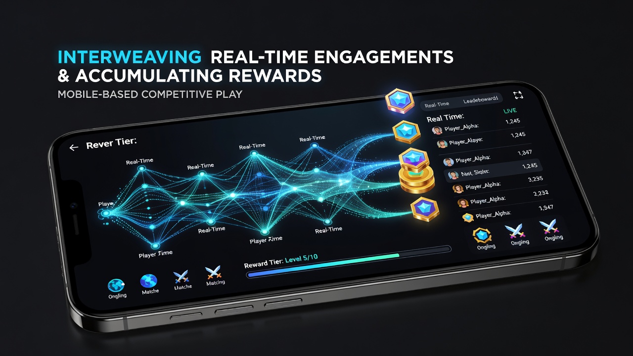 Close-up of a mobile device screen displaying accumulated rewards, tournament standings, and real-time engagement metrics during competitive play