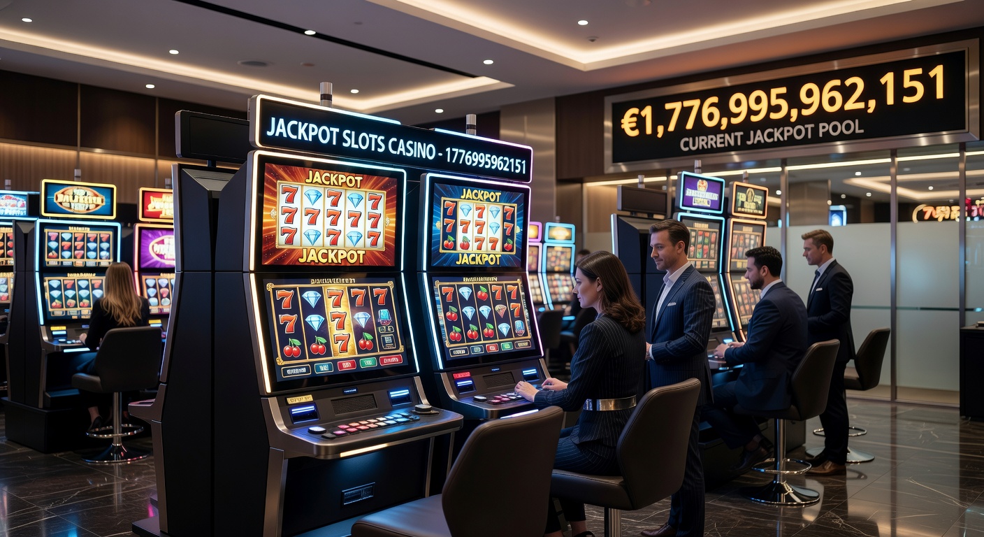 Player celebrating a massive jackpot win on a progressive slot screen at Jackpot Slots Casino, with confetti and payout figures exploding across the display