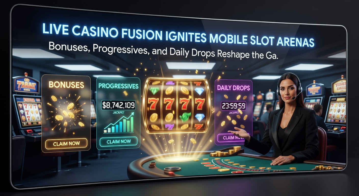 Glowing progressive jackpot meter shared between mobile slot interface and live dealer broadcast, with daily drop timers ticking down