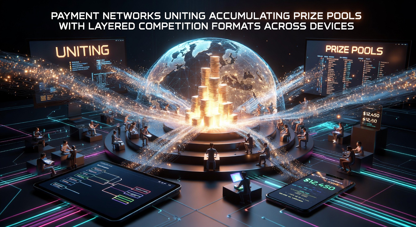 Payment networks connecting accumulating prize pools with layered competitions across multiple devices