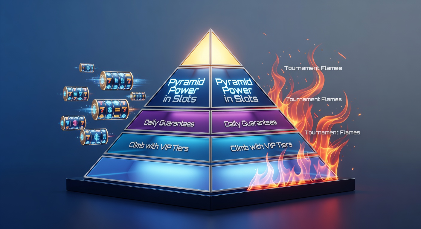 Vibrant graphic depicting a glowing pyramid structure in a slot game, with tiers stacking daily guarantees and flames rising from tournament icons