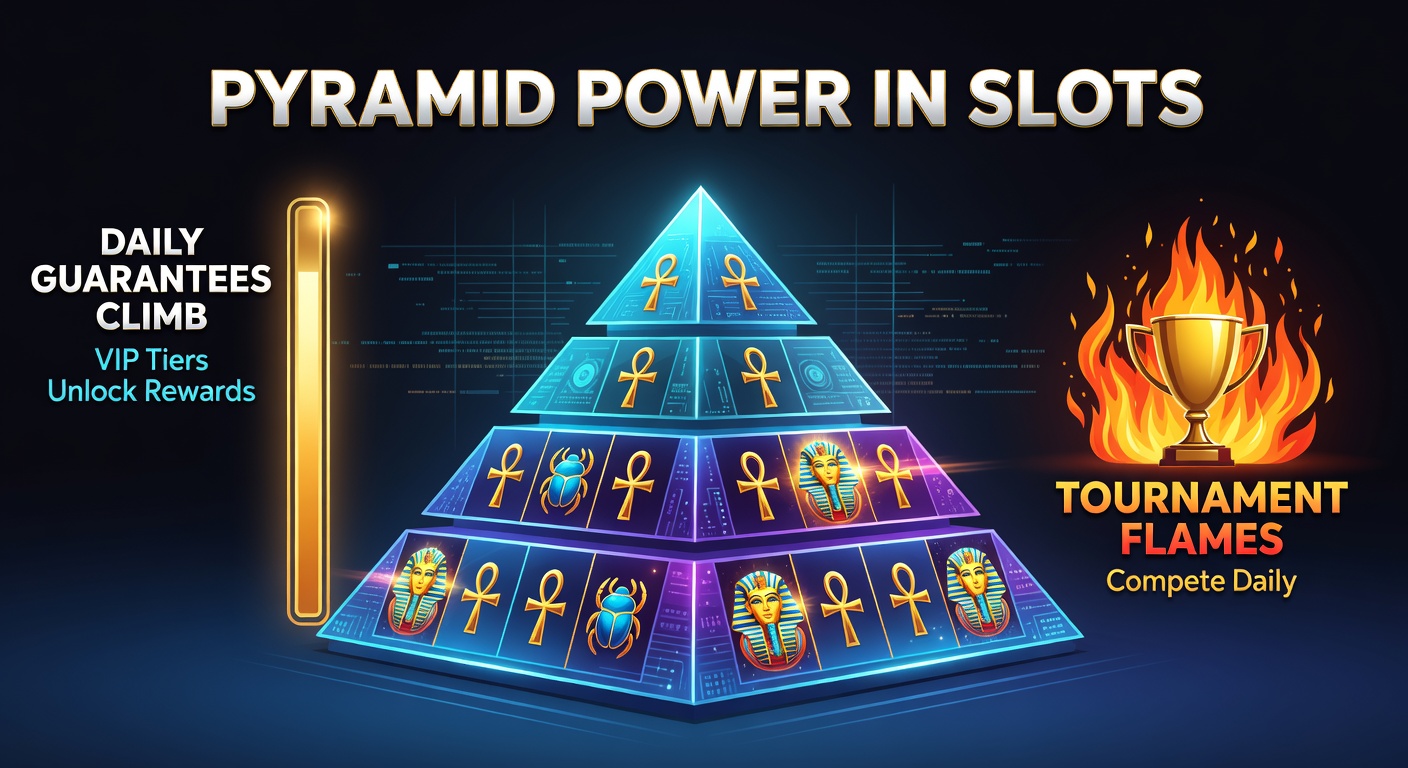 Dynamic screenshot of a mobile slot pyramid interface, showing VIP tier progress, flaming tournament leaderboards, and climbing daily guarantee meters