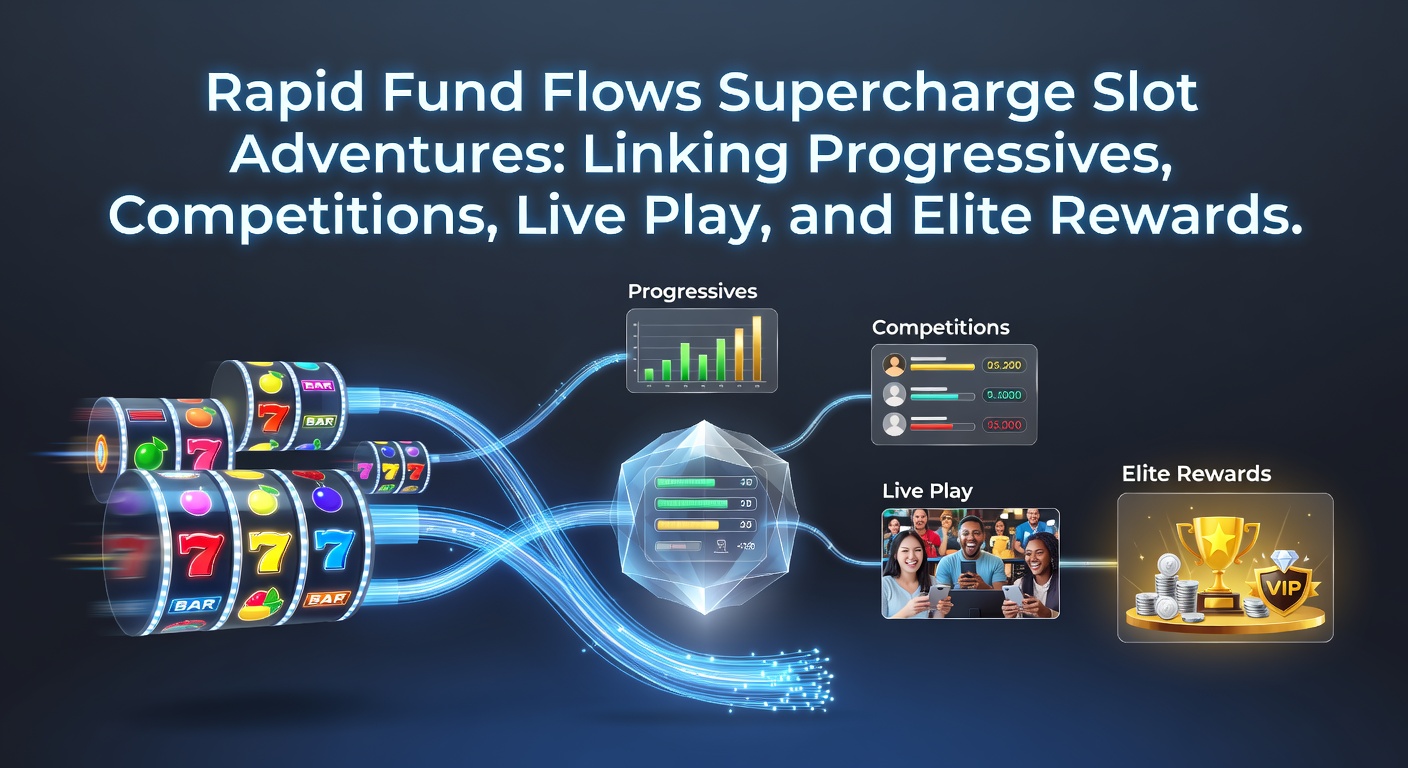Dynamic graphic showing lightning-fast money transfers fueling colorful slot reels, progressive meters climbing, tournament leaderboards flashing, and VIP badges glowing amid live dealer tables