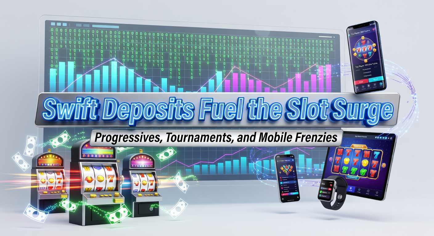 Vibrant slot machine screens displaying progressive jackpots and tournament leaderboards with rapid deposit notifications overlayed