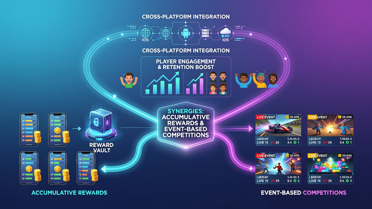 Split-screen view of a mobile game displaying accumulated loyalty points next to an ongoing competitive event bracket