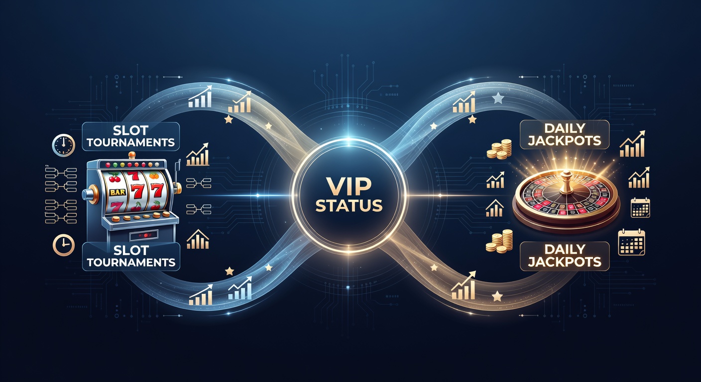 Vibrant mobile casino screen displaying a slot tournament leaderboard alongside daily jackpot counters and VIP tier badges glowing in neon colors