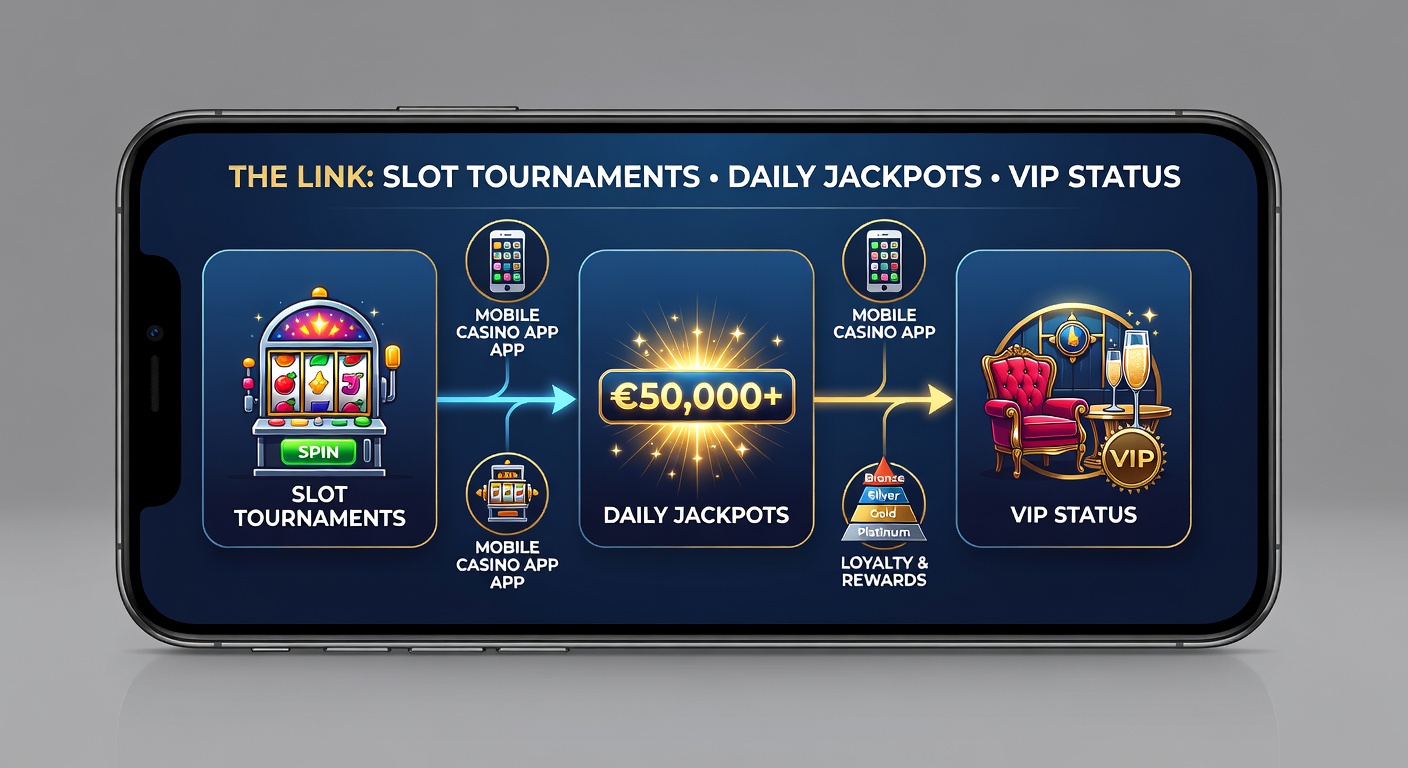Close-up of a mobile app interface showing interconnected icons for slot tournaments, ticking daily jackpot timers, and ascending VIP ladders with prize notifications popping up