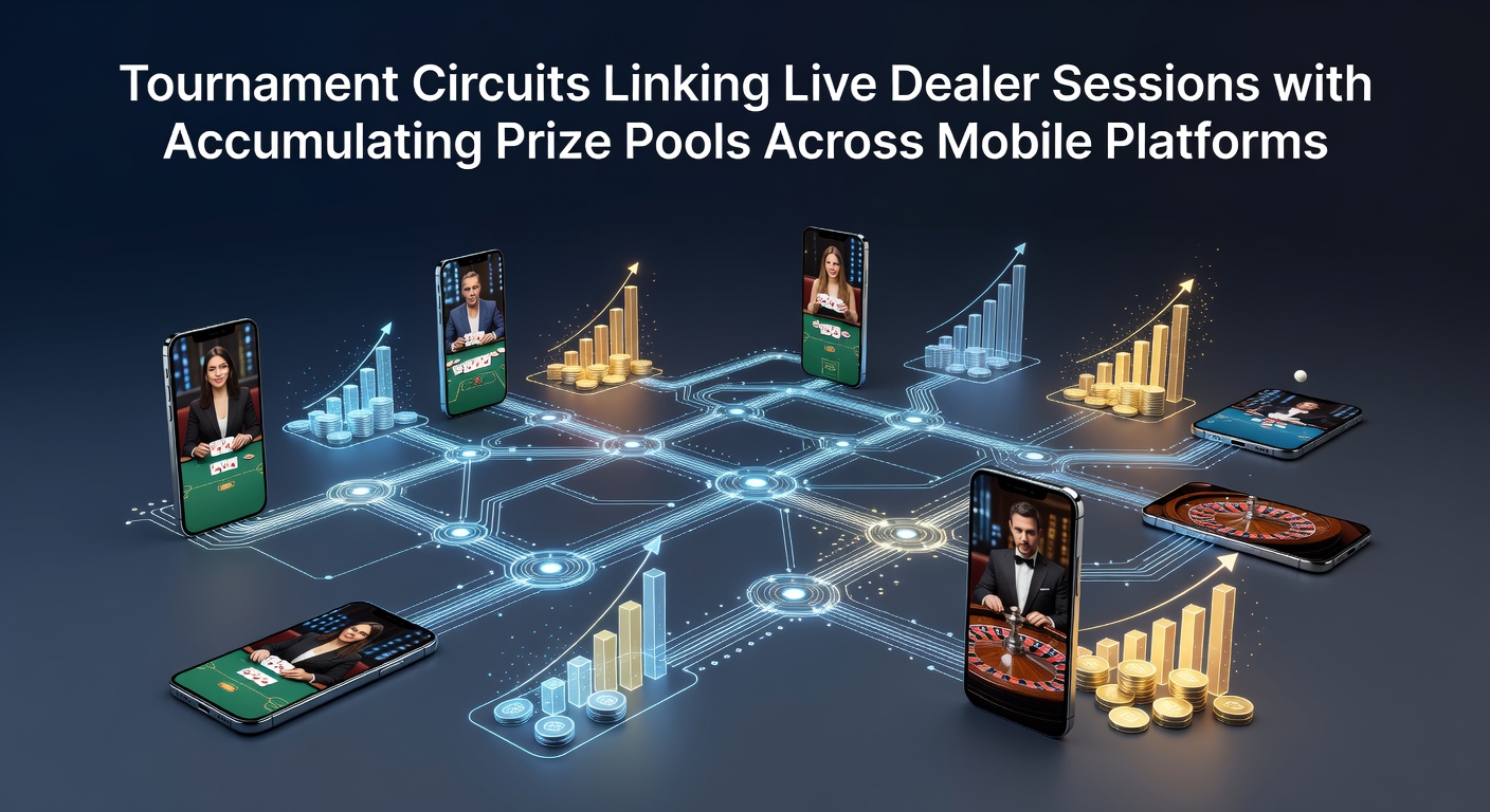 Mobile devices displaying interconnected tournament interfaces with live dealer feeds and growing prize indicators