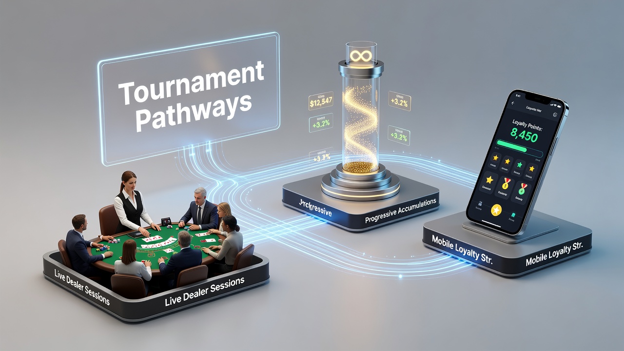 Diagram showing data flow from live dealer tables through mobile apps into tournament brackets and progressive jackpot meters
