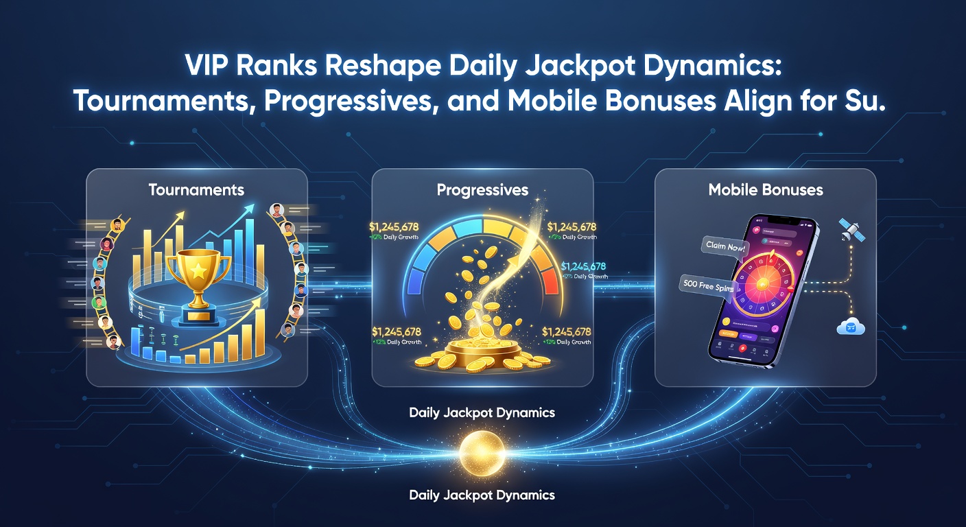 Close-up of a mobile phone screen showing VIP tournament entry, progressive jackpot ticker rising, and stacked mobile bonus icons, with rank progression bar filling up