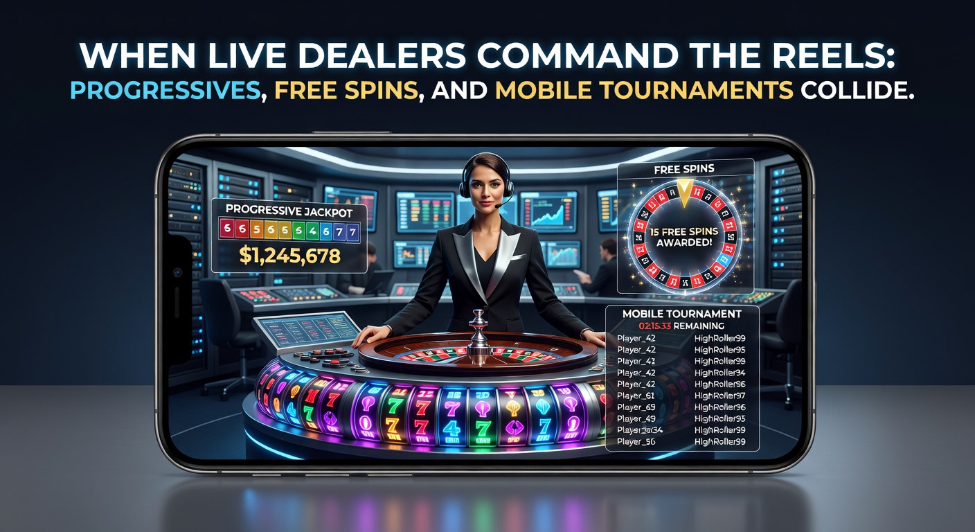 Close-up of a live dealer activating free spins on a vibrant slot reel, surrounded by mobile tournament leaderboards and progressive jackpot displays